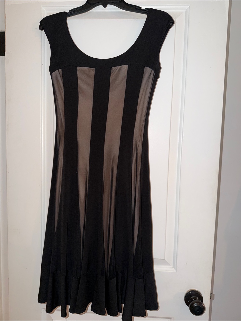 Maggy London Black and Taupe Vertical-Stripe Midi Dress